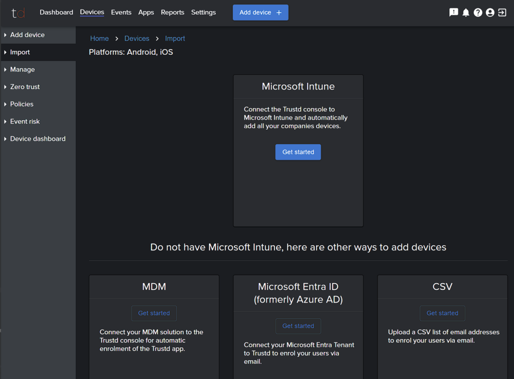 Trustd MTD Bulk Enrolment Options: Microsoft Intune, MDM Microsoft Entra ID and CSV